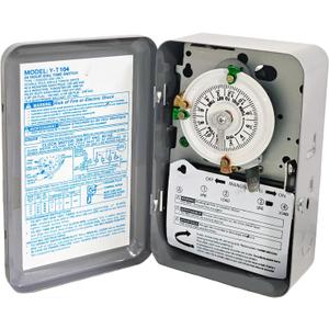T104 24-Hour Mechanical Time Switch Pool Pump Timer with Metal Enclosure, 208-277V, 40A, 60Hz, DPST, 12 ON/Off Operations, Manual Override Included Trippers, Reliable Control for Various Loads
