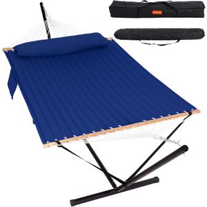 Lazy Daze Double Hammock with Stand, Balance Straps & Carry Bag for Outside, 2 Person Quilted Hammock with Hardwood Spreader Bar and Stand, Pillow, 450lbs Capacity, Tool-Free Assembly, Navy Blue