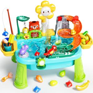 Pupu Pig Water Table Play Sink Toys for Toddlers, Kids Play Kitchen Sink with Running Water, 360 Electric Faucet, Floating Fishing Game, Sensory Water Table Toys for Boys Girls Summer Gifts