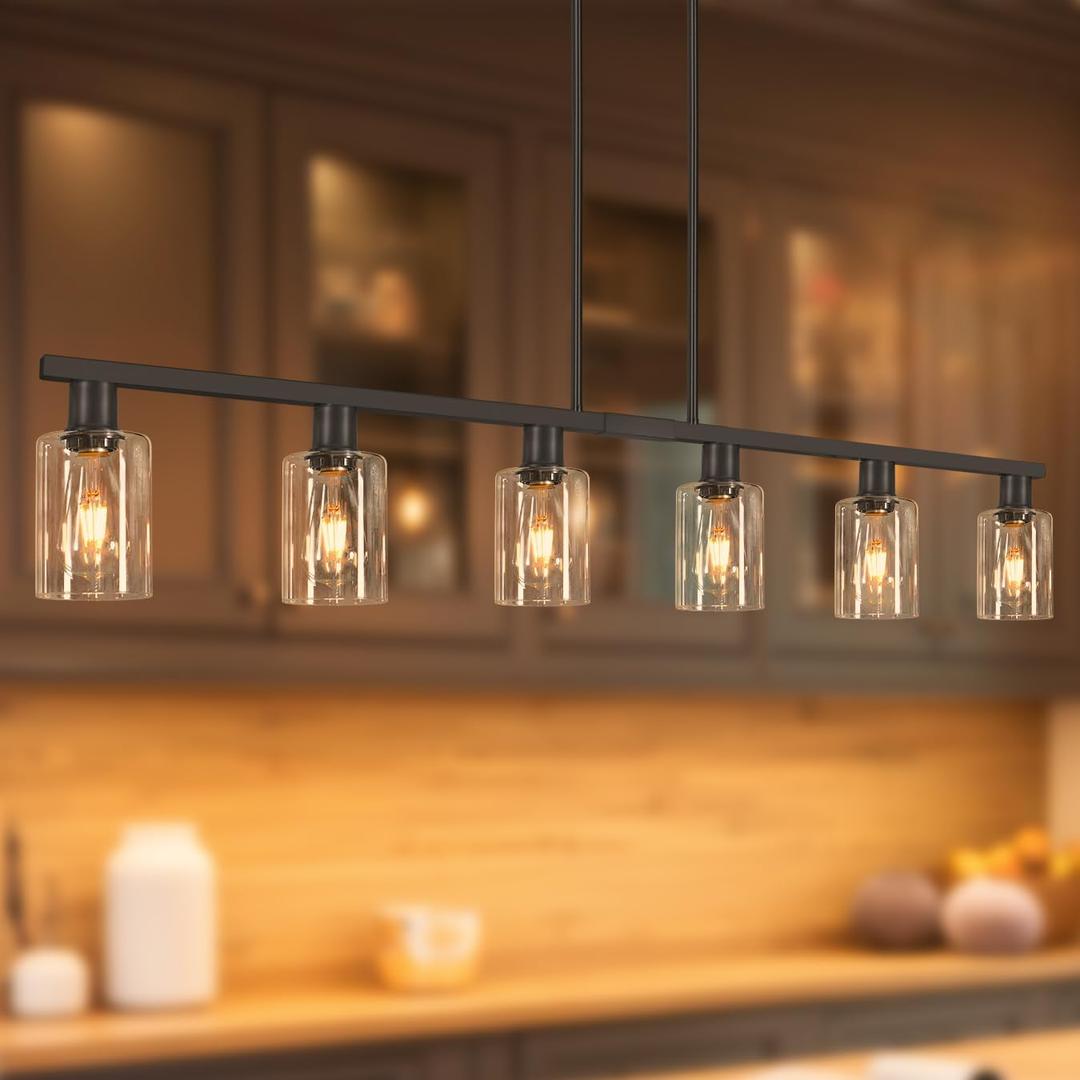 Dining Room Light Fixture Over Table, Black 6-Light Kitchen Island Lighting with Glass Shade & Adjustable Rods, Farmhouse Linear Chandelier Pendant Light for Kitchen Living Room Breakfast Corner