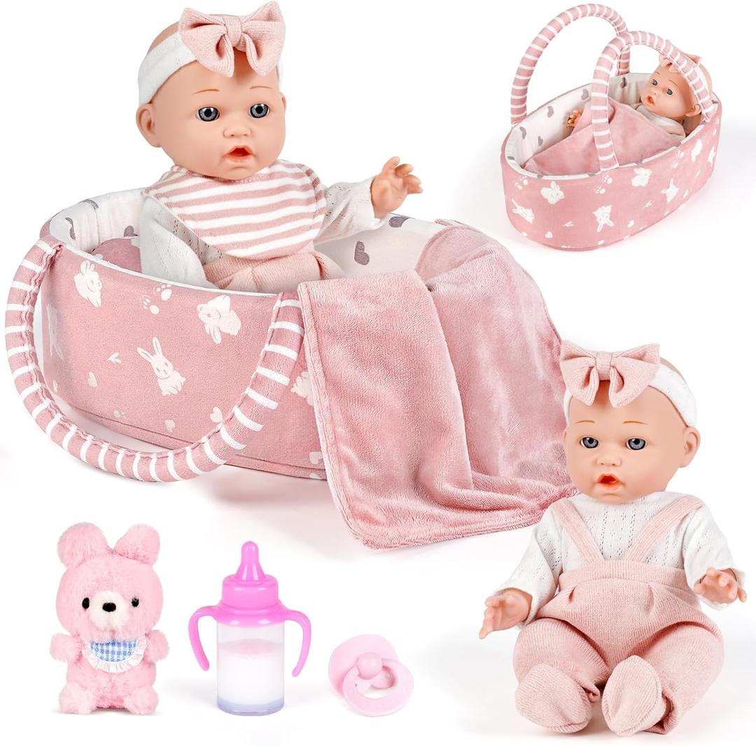 Dreamon 12'' Baby Doll Playset with Carrier Bassinet Bed, 11PCS Baby Doll Accessories Includes Pacifier, Blanket, Pillow, Diaper, Pretend Play Set Baby Doll Care Toys Gifts for Kids Girls