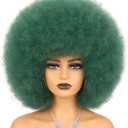 Green Afro Wig and Costume Halloween Wig for black Women Glueless Wear and Go Short Afro Puff Kinky Curly Wigs and Heat Resistant Bouncy Wigs (Dark Green)