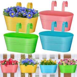 MADHOLLY Railing Planter with Drainage Holes- Sturdy Bucket Pots for Railing Fence, Countryside Style Metal Flower Pots for Herbs Balcony Garden Yard Decor, 4Pcs, Colorful