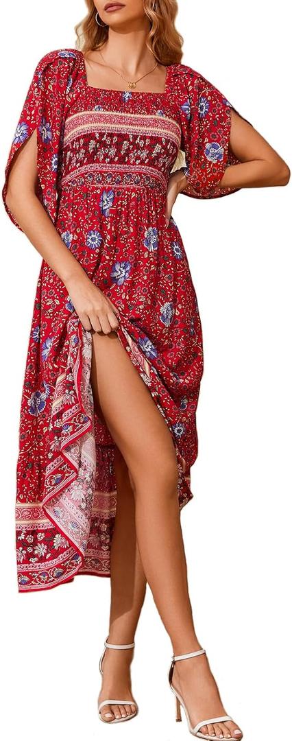 Women's Long Maxi Dress Sexy Off Shoulder Floral Dress Ruffle Short Sleeve Smocked Flowy A Line Boho Dress, XL, Red Floral