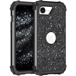 LONTECT for iPhone 16e Case Glitter Sparkly Bling 3 in 1 Shockproof Heavy Duty Hybrid Sturdy High Impact Protective Cover Case for Apple iPhone 16e 6.1 inch 2025,Black