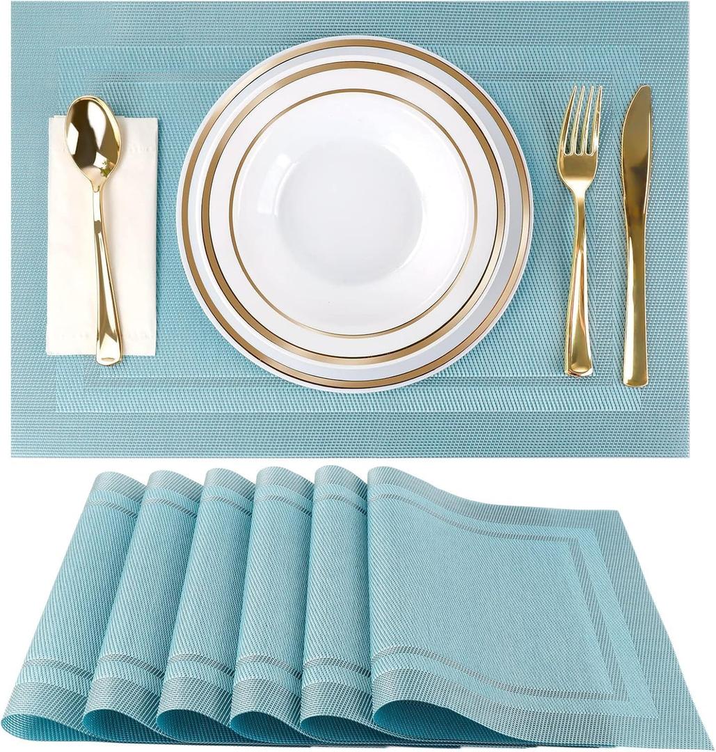Blue Placemats Set of 6, Woven Vinyl PVC Place Mats for Dining Table, Heat Resistant Washable Table Mats, 17 x 12 in