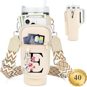 Personalized Water Bottle Holder with Strap for Stanley Cup Accessories 40 oz Tumbler, Initial Water Bottle Carrier Bag W/ Phone Pocket, Ideal Thanksgiving/Christmas/New Year Gifts for Women/Girls (Cream)