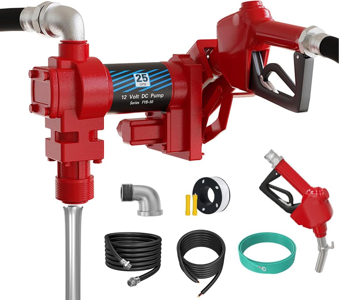 Handor 12V 25 GPM Fuel Transfer Pump with Discharge Hose & Manual Nozzle for Oil Fuel Diesel Biodiesel Ethanol Methanol Blends Kerosene Gasoline