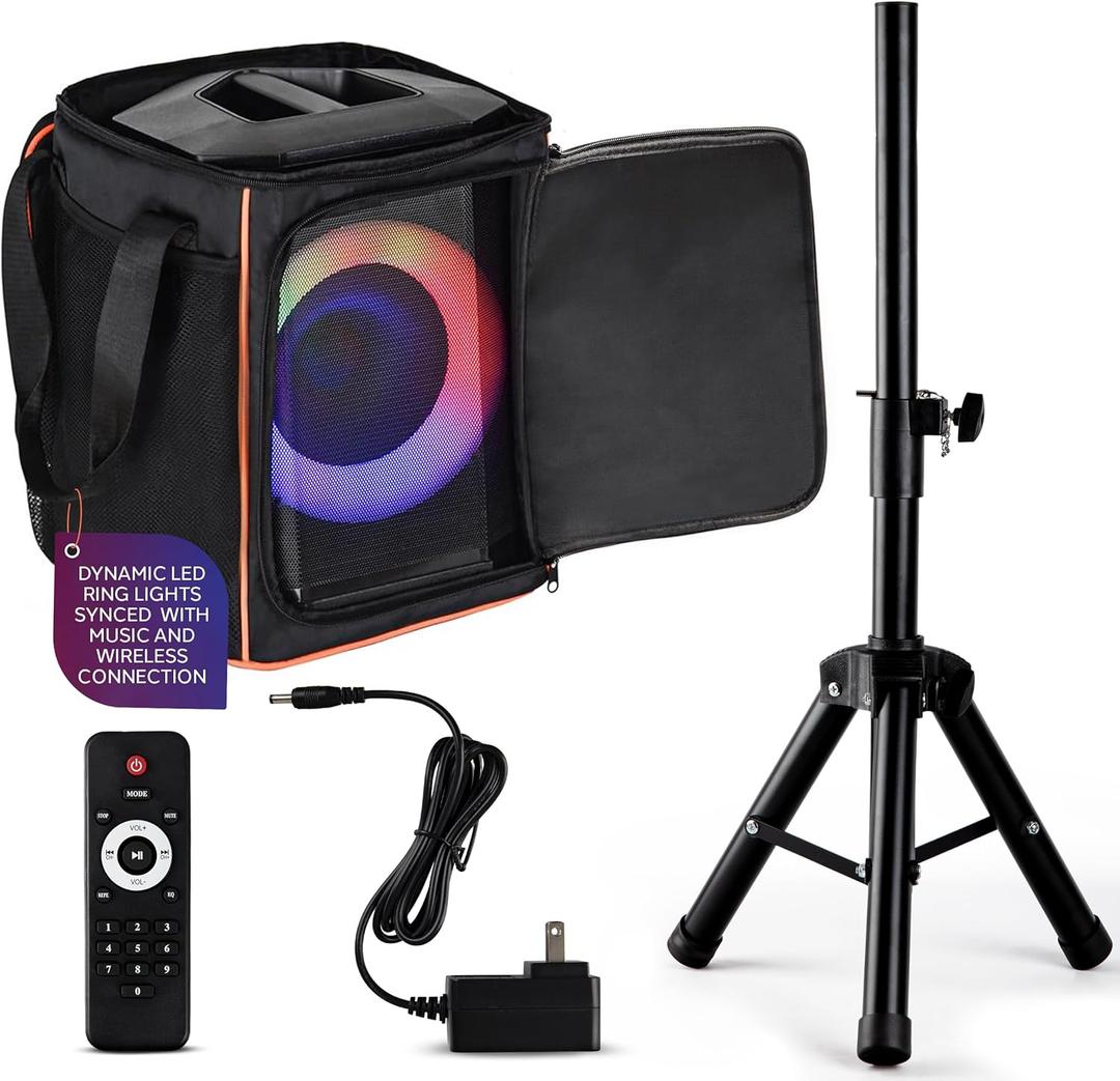 Pyle Portable Bluetooth Speaker with 8" Inch Woofer, TWS, Mic Input, USB/SD/FM Radio, Colorful Ring Lights, 120 W Rechargeable Battery, Tripod Stand & Speaker Bag, Hi-Fi Sound, Outdoor/Indoor Use