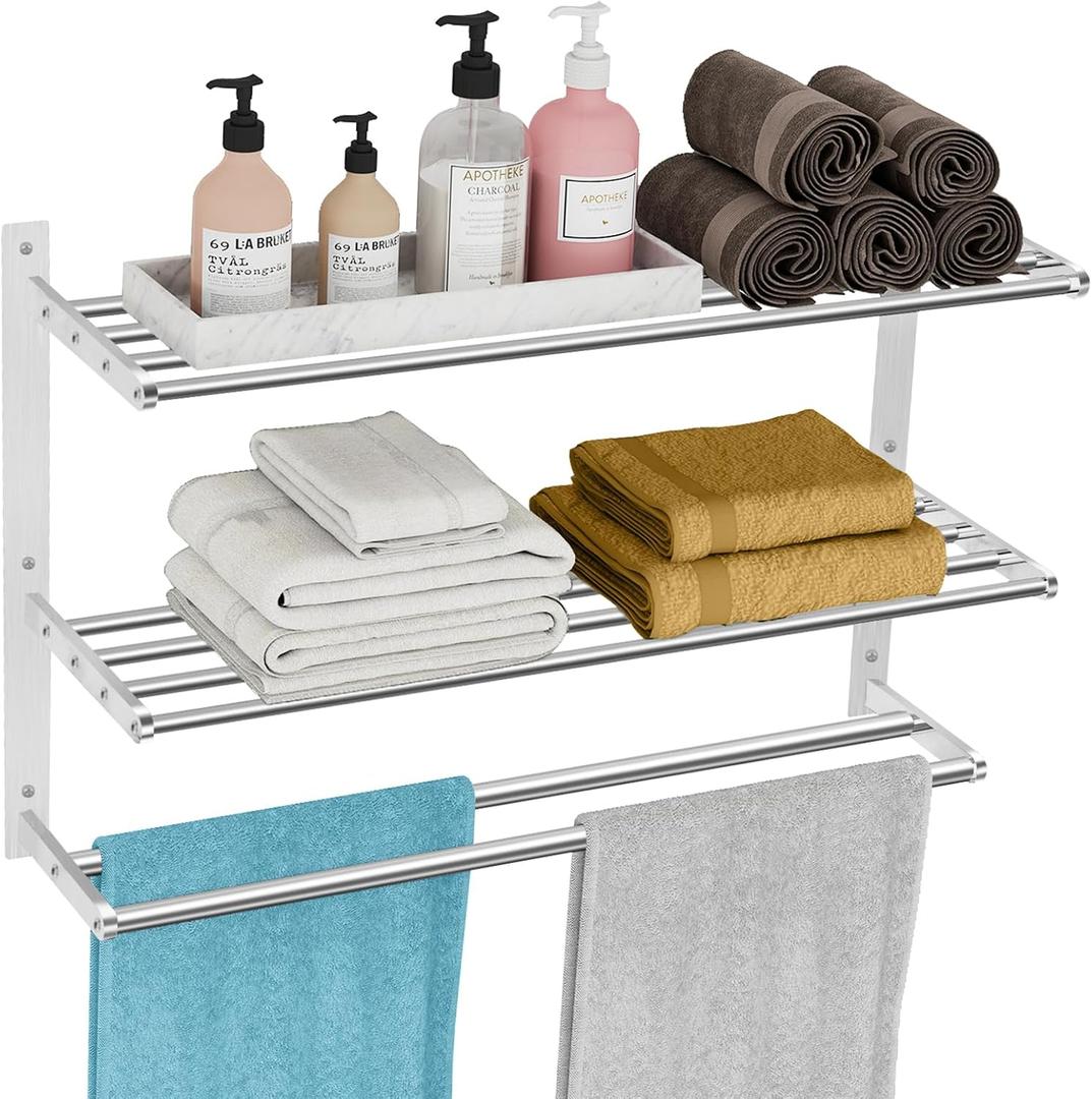 Bathroom Towel Rack 24", 3 Tier Towel Racks for Bathroom Wall Mounted, Bathroom Shelf with Double Towel Bar, Stainless Steel Towel Storage for Bathroom Lavatory Towel Holder Hanger, Brushed Nickel
