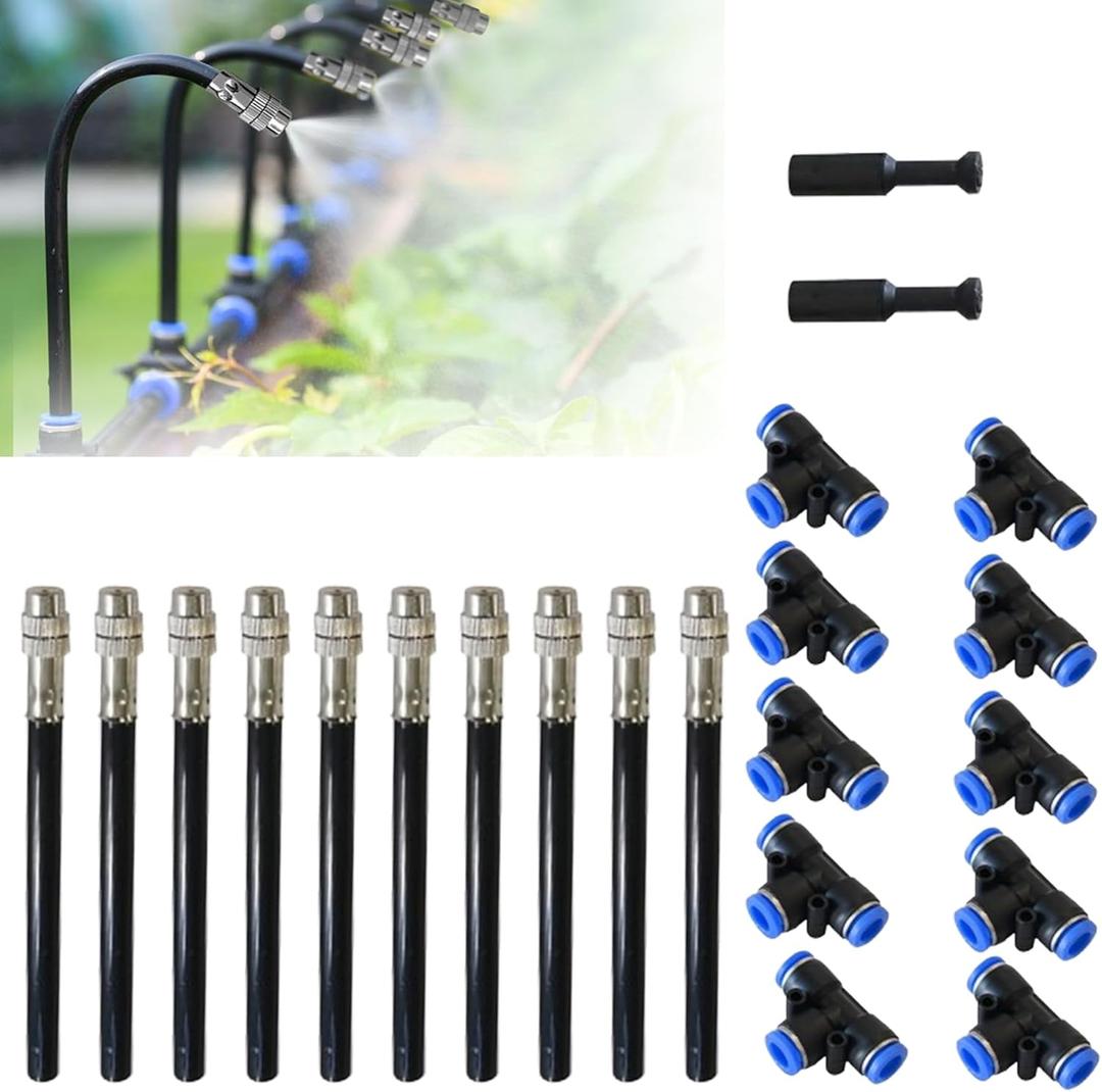 T TOVIA 10 Pcs Brass Misting Nozzles Tee with 8 inch Built in Hose 360Adjustable Water Mister Nozzles Thread Sprayer 0.043" for Patio Outdoor Cooling
