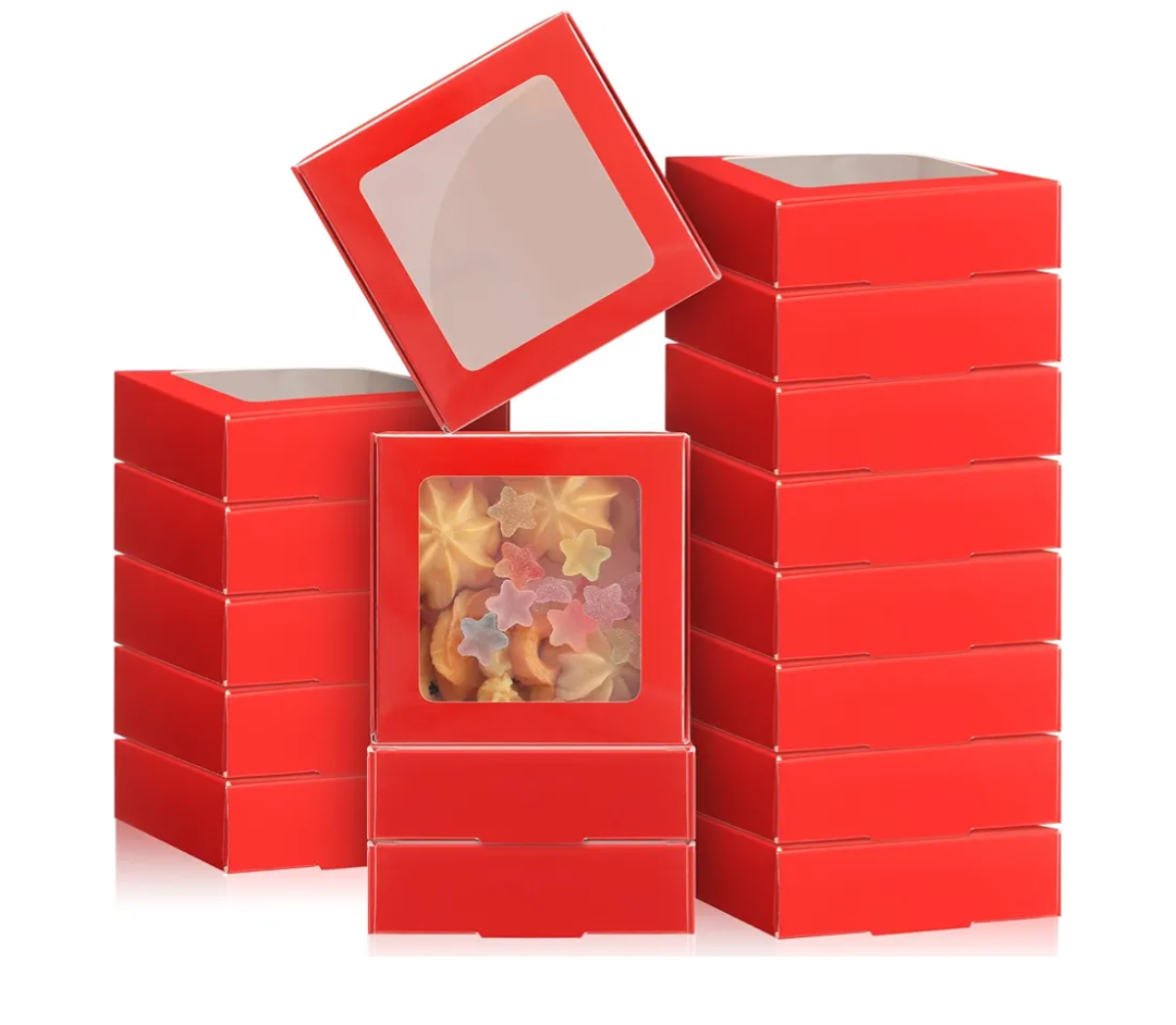 25  Kraft Paper Boxes with Window 4.13 x 4.13 x 1.18 Inch Candy Packaging, Small Gift Boxes, Soap holder, Mini Treat Packaging for Bakery Chocolate Jewelry Display(Red)