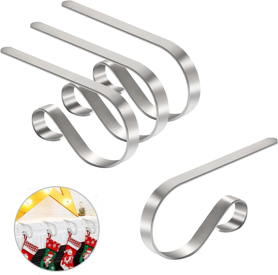 Christmas Stocking Holders for Mantle Set of 5, Lightweight Adjustable Christmas Stocking Holder Hooks Metal Fireplace Hanger for Christmas Party Decoration, Non-Slip Mantle Stocking Hooks(Silver)