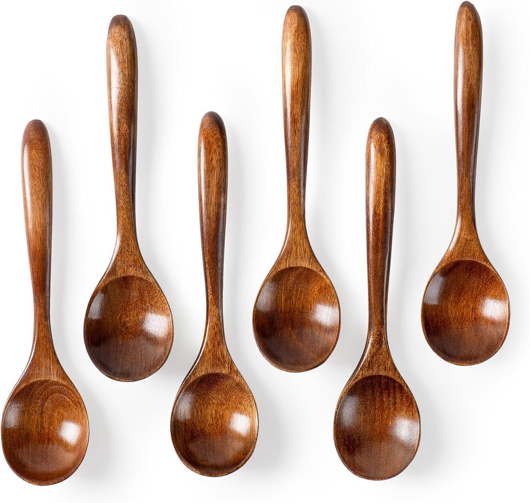 6 PCS Wooden Spoons for Honey, 6.7 inch Small Wooden Spoons - Terrific for Tea, Coffee & Soup, Little Wood Serving Table Spoon Set, Bulk Bamboo Teaspoon for Eating with Unique Design