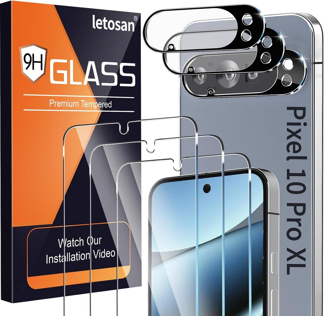 Letosan 3 Pack for Google Pixel 10 Pro Screen Protector Tempered Glass + 3 Pack Camera Lens Protector, Military Grade Shatterproof, 9H Hardness, Fingerprint Unlock, Case Friendly 6.3 Inch