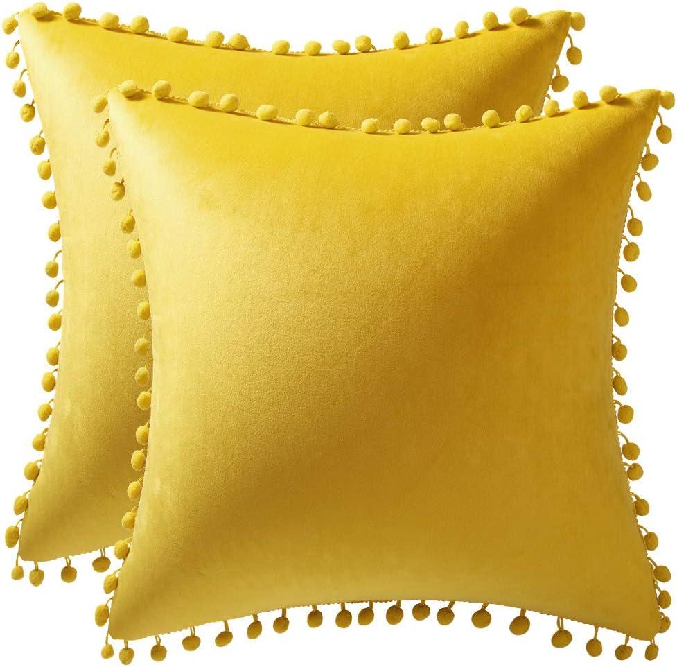 Couch Pillow Covers 18x18 Yellow: 2 Pack Cozy Soft Pom-poms Velvet Square Throw Pillow Cases for Farmhouse Home Decor