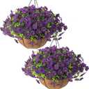Hananona 2 Set Artificial Outdoor Flowers with Hanging Basket, 2 Hanging Planters with 24 Pcs Flowers for Spring Summer Front Porch Garden Patio Home Decor (2, Purple)
