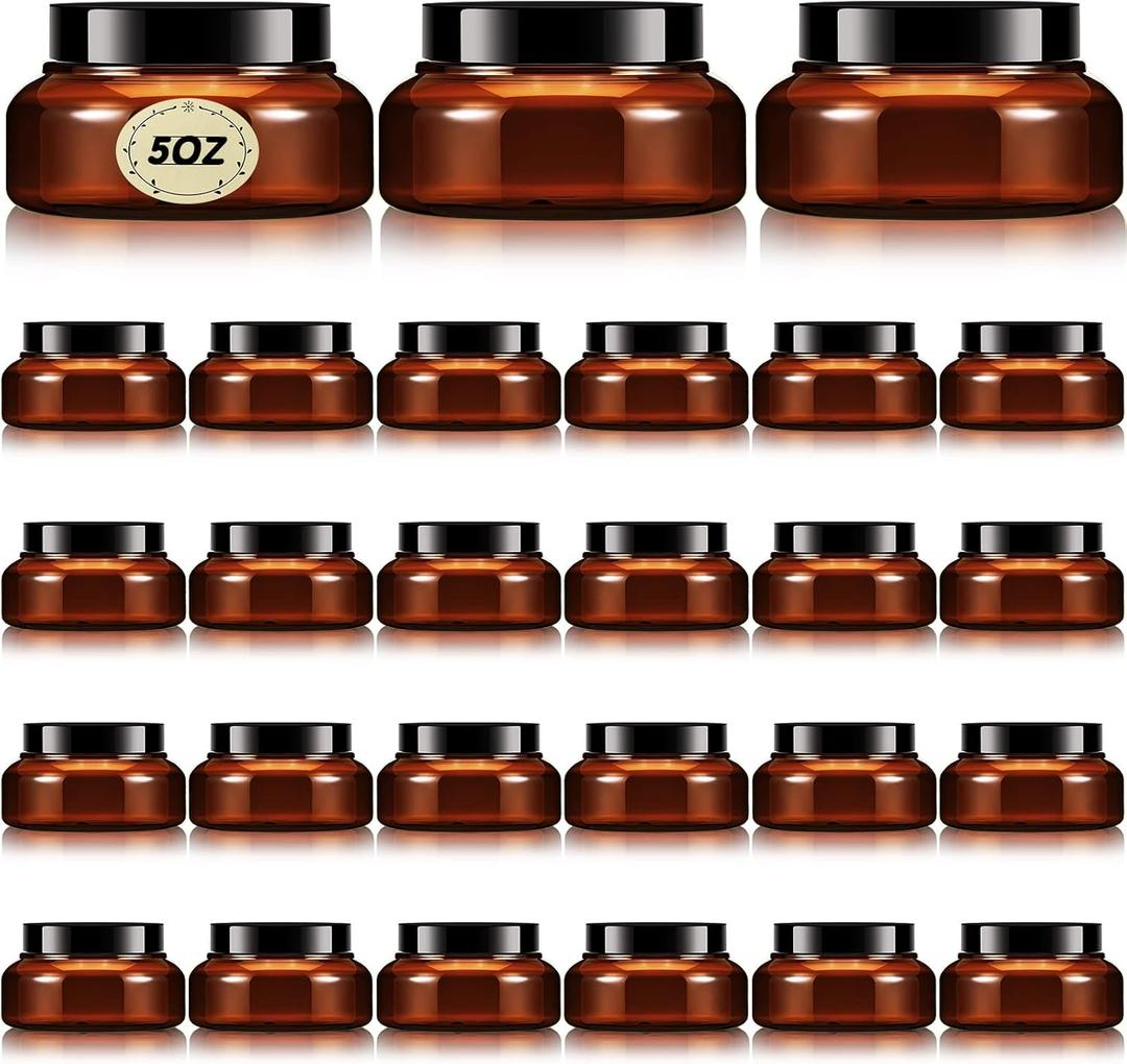 Tessco for you 24 Pack 5/8oz Plastic Jars with Lids Labels Multiuse Slime Containers Empty Body Scrub Jars Round Refillable Cosmetic Body Butter Containers for Makeup Travel(5 oz,Brown)