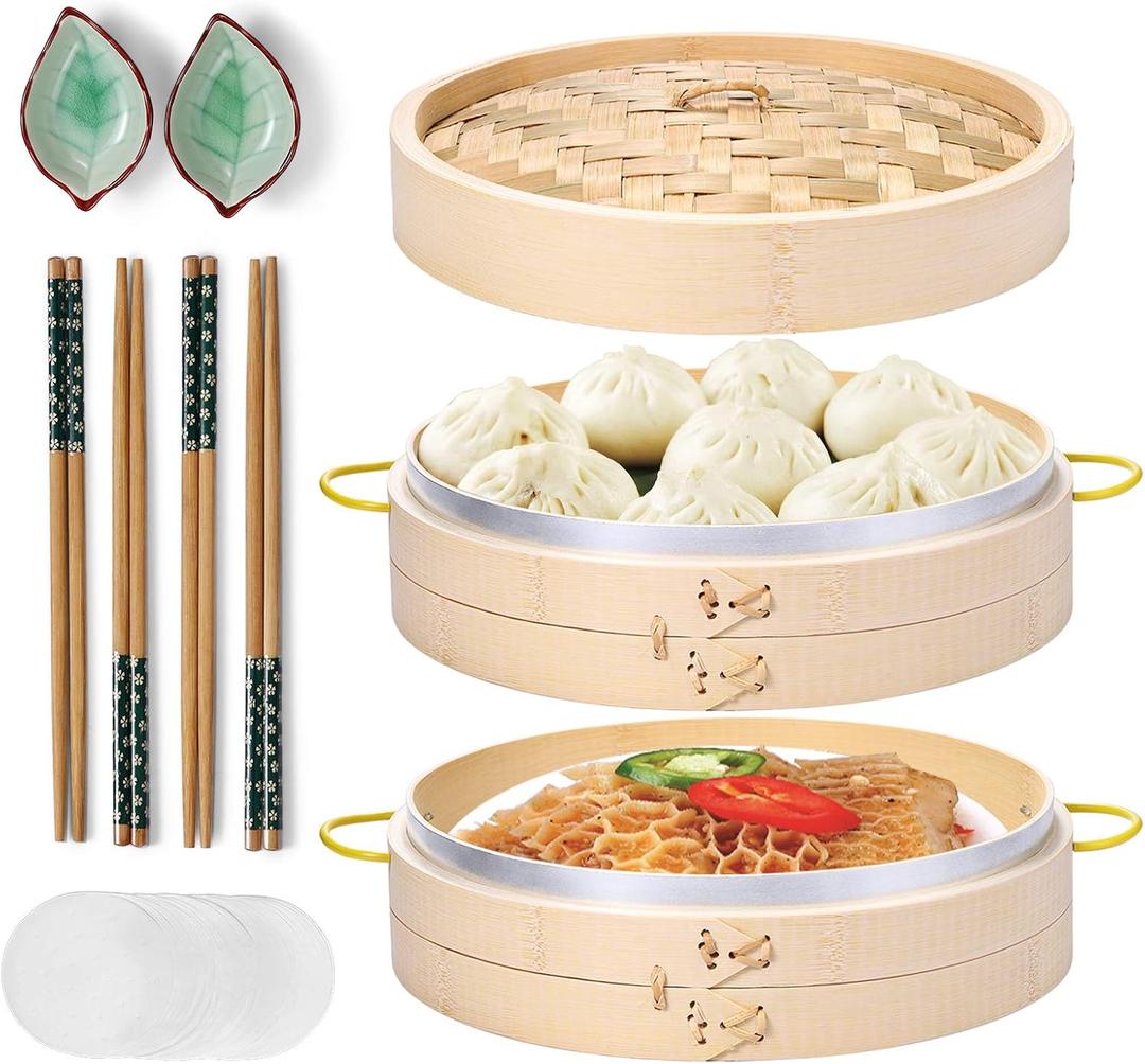 MacaRio Bamboo Steamer Basket Set 10 inch Steamer for Cooking, with Side Handles Chopsticks Ceramic Sauce Dishes Paper Liners, for Dim Sum Dumplings Buns Seafoods Rice Asian Foods MacaRio Bamboo Steamer Basket Set 10 inch Steamer for Cooking, with Side Handles Chopsticks Ceramic Sauce Dishes Paper Liners, for Dim Sum Dumplings Buns Seafoods Rice Asian Foods