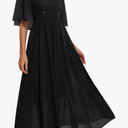 Women's Wedding Guest Long Dress Cocktail Party Formal Cape Ruffle Sleeve Chiffon Lace Sequin Dress, S