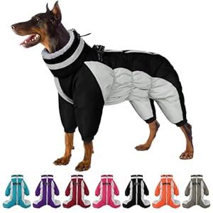 SUNFURA Full Body Dog Coat - Warm Fleece Jacket for Large Dogs, Turtleneck Winter Coats with Harness, Reflective Dog Snowsuit Windproof Puffer Jackets with Legs for Weimaraner, Black XL