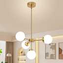 Gold Sputnik Chandelier 4-Light Globe Sputnik Ceiling Light Fixture Mid Century Sputnik Chandeliers with Milk Glass Shade (4-Light (Gold))