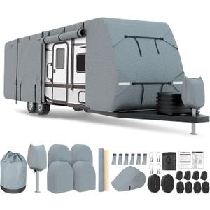 RV Cover 14-16ft, Travel Trailer Heavy Duty Extra-Thick 8 Layers Anti-UV Waterproof Windproof Camper Cover with Tongue Jack Cover, Extra Windproof Ropes, Gutter Covers (Grey - Non-woven)