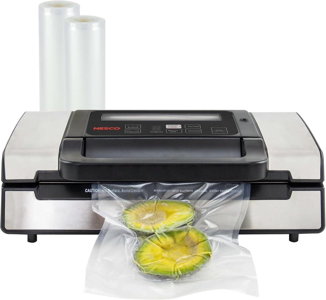 Nesco Deluxe Food VS12 Vacuum Sealer, 130 Watts, Kit Bags & Viewing Lid, Compact, Silver