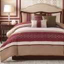 Queen Size Comforter Set, Burgundy Beige Taupe, 7PC Bed in a Bag