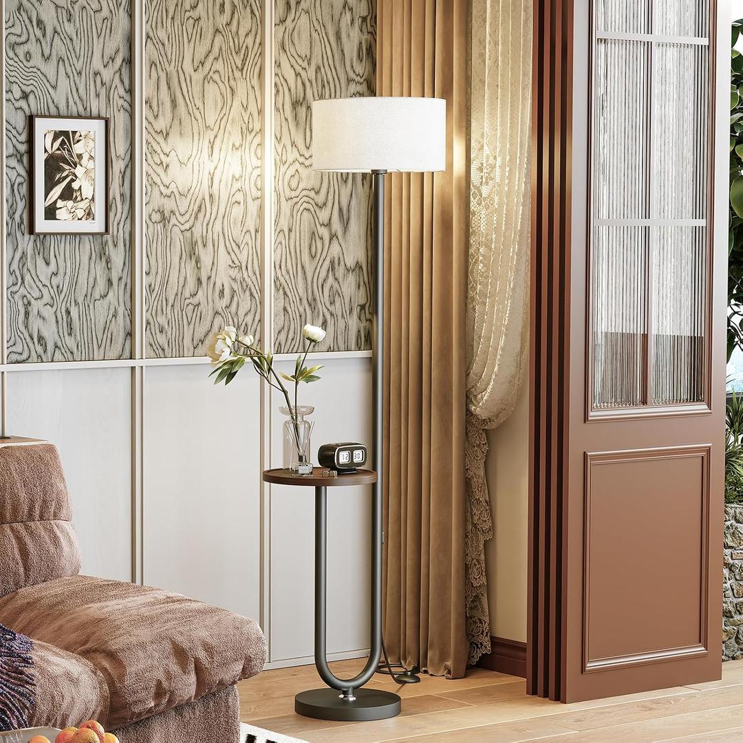 62.9" Floor Lamp with Table Brown, White Lampshade Vintage Standing Lamp with Tray Foot Switch, 3 Color Temperatures LED Bulb Included, for Living Room, Bedroom