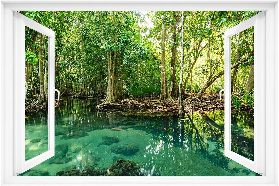 Fake Window Decal - 24"x16" Vinyl Wall Art | Tropical Forest Lake Scene Mural Sticker | Peel & Stick Removable Decor (Fw027)