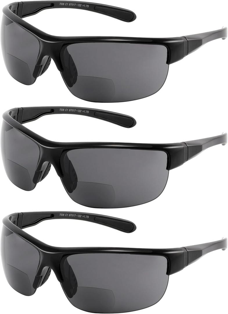 Yogo Vision Bifocal Sports Sunglasses Mens Wrap Around Half Rim Sunglasses Readers 3PK (Black)