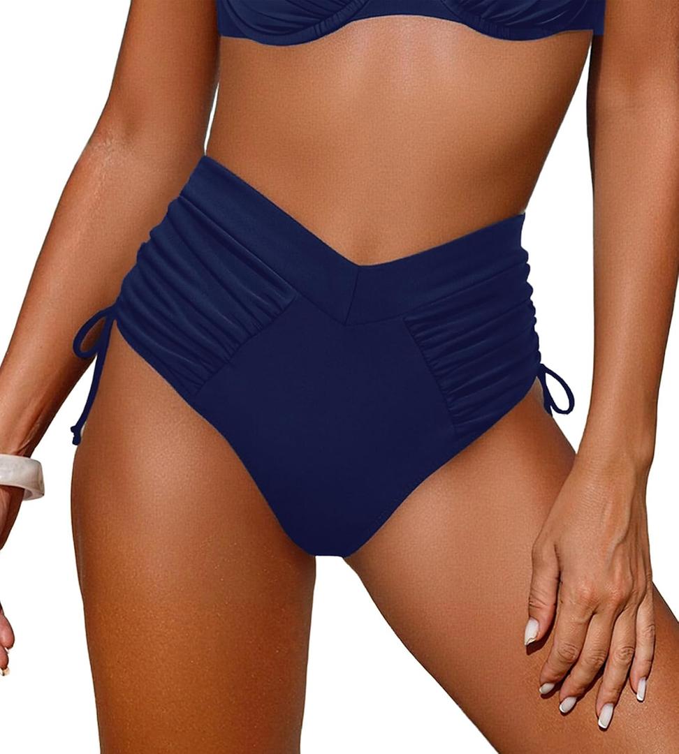 Leoparts Womens V Cut Bikini Bottoms Ruched Tummy Control Bathing Suit Bottom High Cut Drawstring Swimsuit Brief (Blue, M)