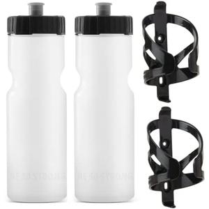 Bike Water Bottle Holder & Bottle Combo – 2-Pack 22 oz Sports Squeeze Bottles with Pull Top Cap & Easy-Install Bike Cage – Made in USA – 50 Strong Brand
