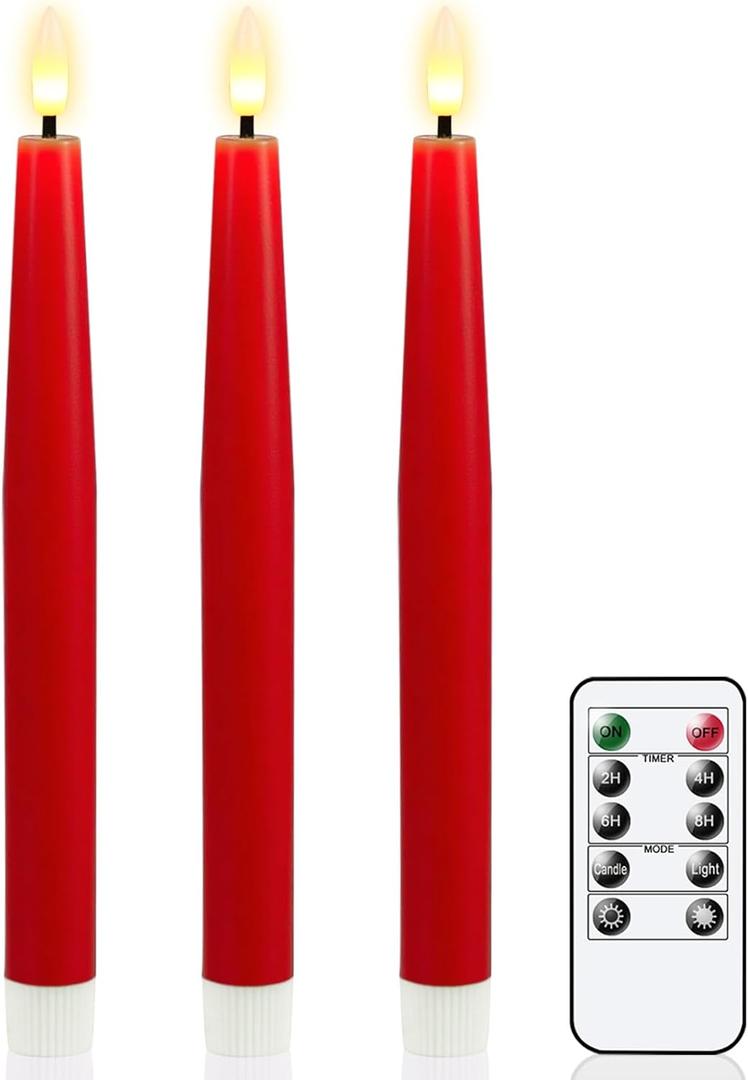GenSwin Flameless Taper Candles, Set of 3 Red LED Taper Candles Battery Operated with Remote Timer, Real Wax Flameless Candlesticks with 3D Flame for Home Wedding Party Holiday Decor (0.78 x 9.65)