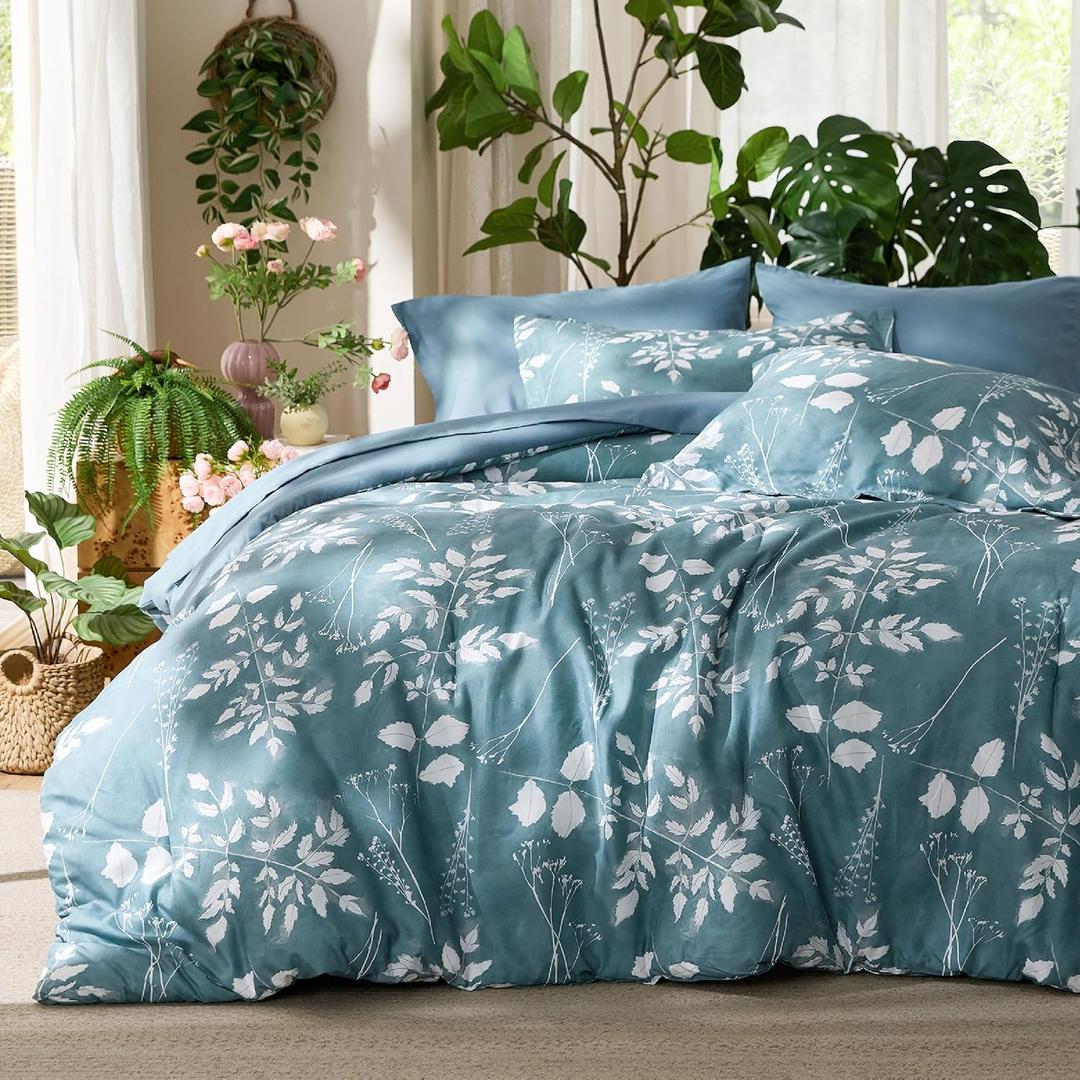 Bedsure Queen Comforter Set - 7 Pieces Floral Mineral Blue Soft Bedding Sets, Queen Bed in a Bag with Botanical Flowers Comforter, Sheets, Pillowcases & Shams