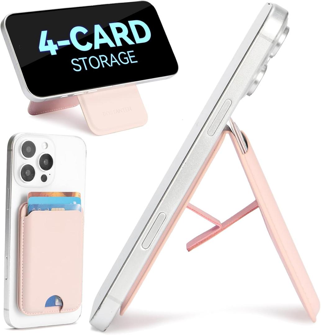 BOSTANTEN for MagSafe Wallet with Stand, Magnetic Wallet for iPhone 16/15/14/13/12 Pro Max Plus, Leather Minimalist Magnetic Phone Wallets Phone Card Holder Fit 4 Cards, Pink