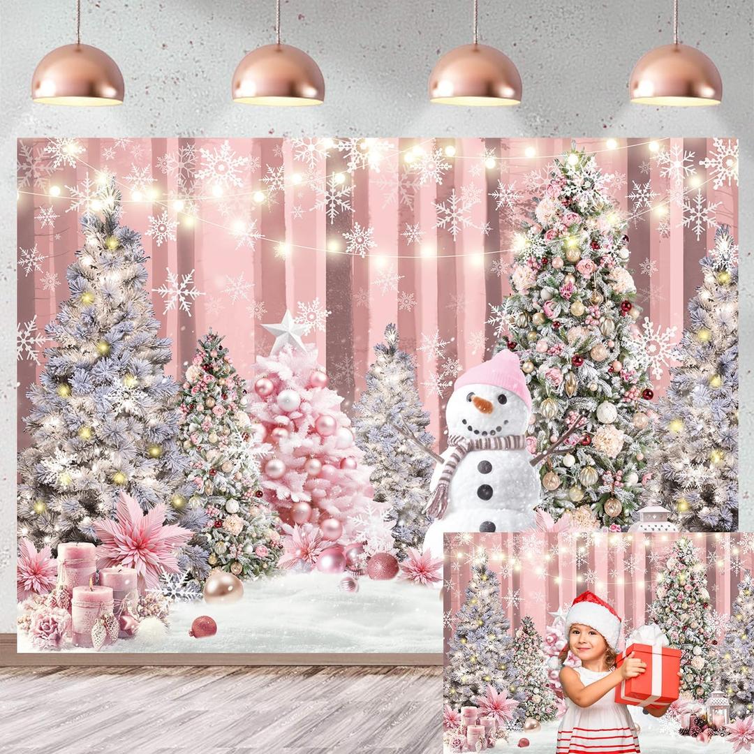 Pink Christmas Backdrop Winter Snowflake Xmas Tree Snowman Scene Photography Background for New Year Eve Party Decoration Winter Holiday Photo Banner Props (8x6FT240x180cm)