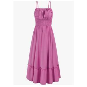 GRACE KARIN Womens 2025 Summer Dress Casual Sleeveless Spaghetti Strap Smocked Ruffle Beach Long Maxi Dress with Pockets S Pink