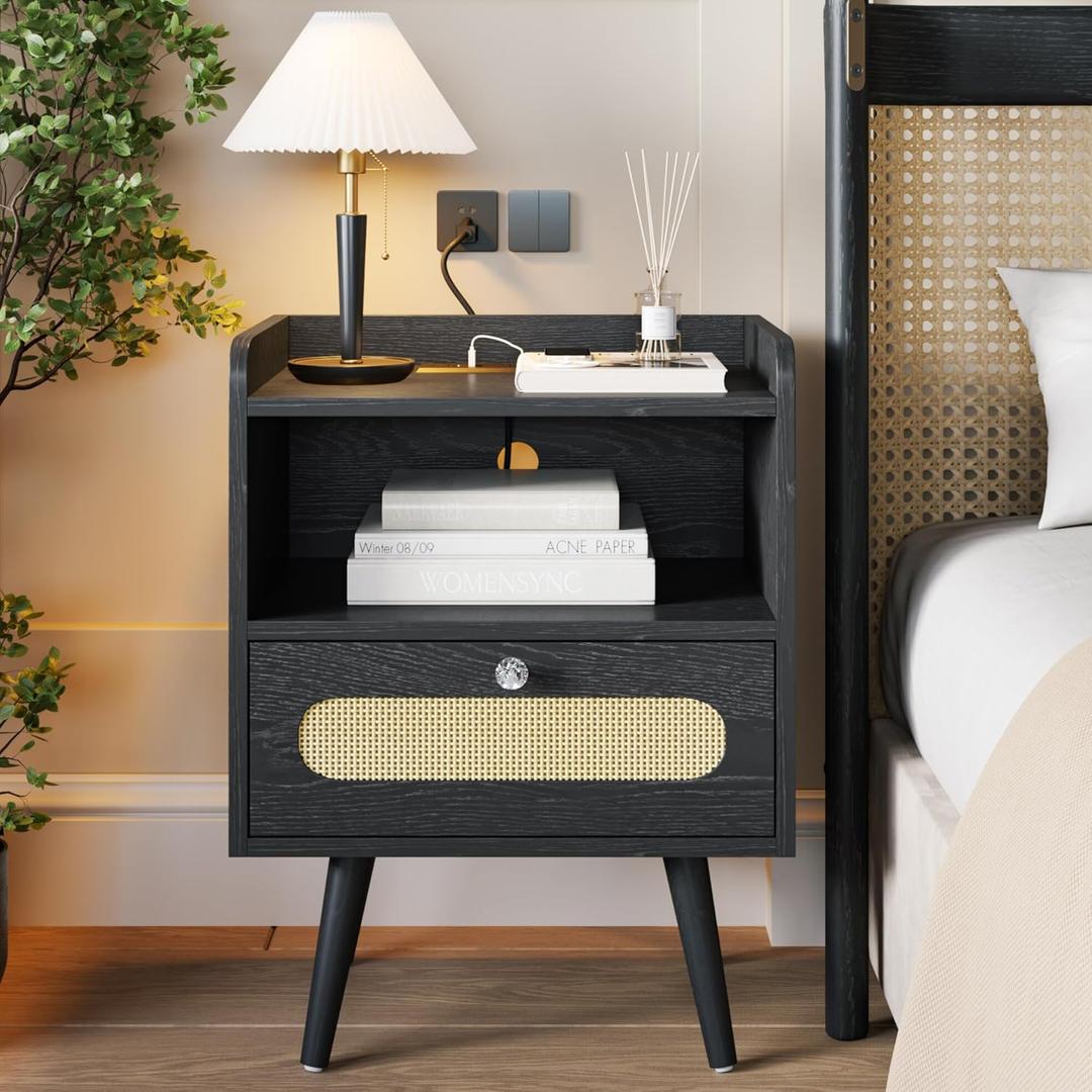 Diamond Dcor End Table, Nightstand with Charging Station, Bedside Table with Solid Wood Legs, Black