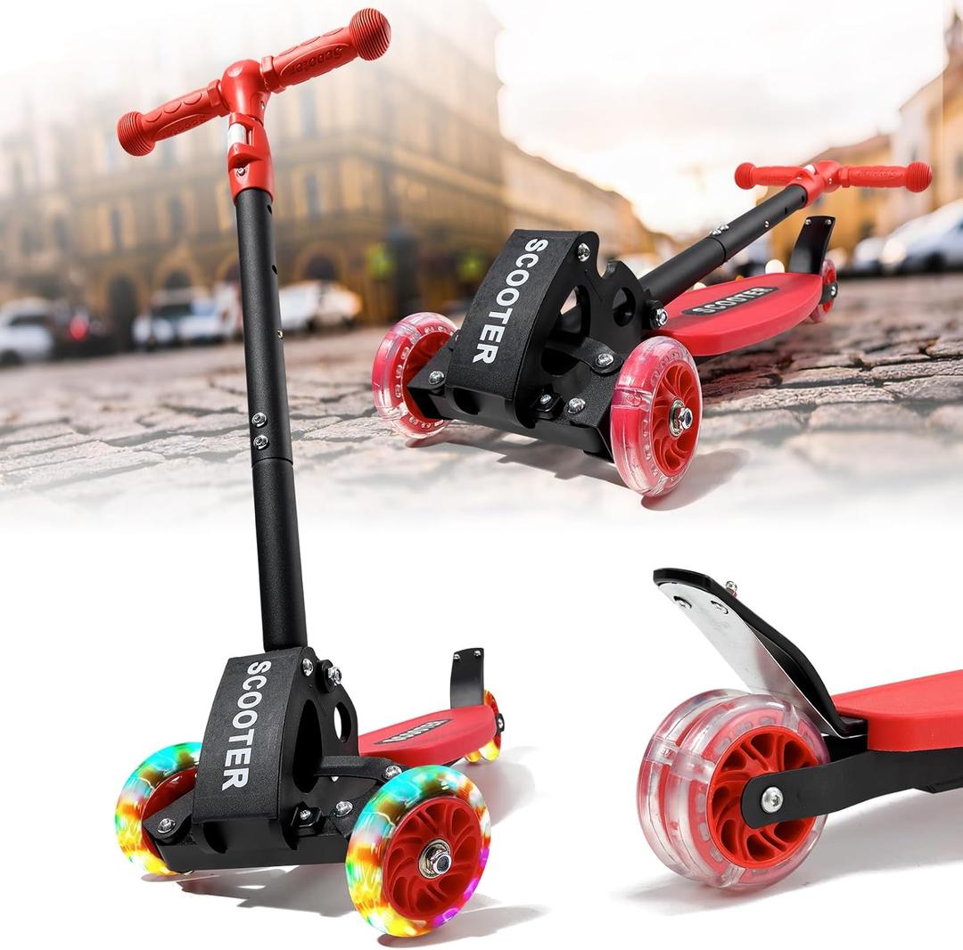 Kick Scooters for Kids 5-7 8-12,Lean to Steer,Three Wheeled Light Up,28"-32" Adjustable Handlebar,Widen Anti-Slip Deck,Floor Push Scooter for Boys Girls Ages 6-12 3-4 Old,Foldable for Travel (Red)