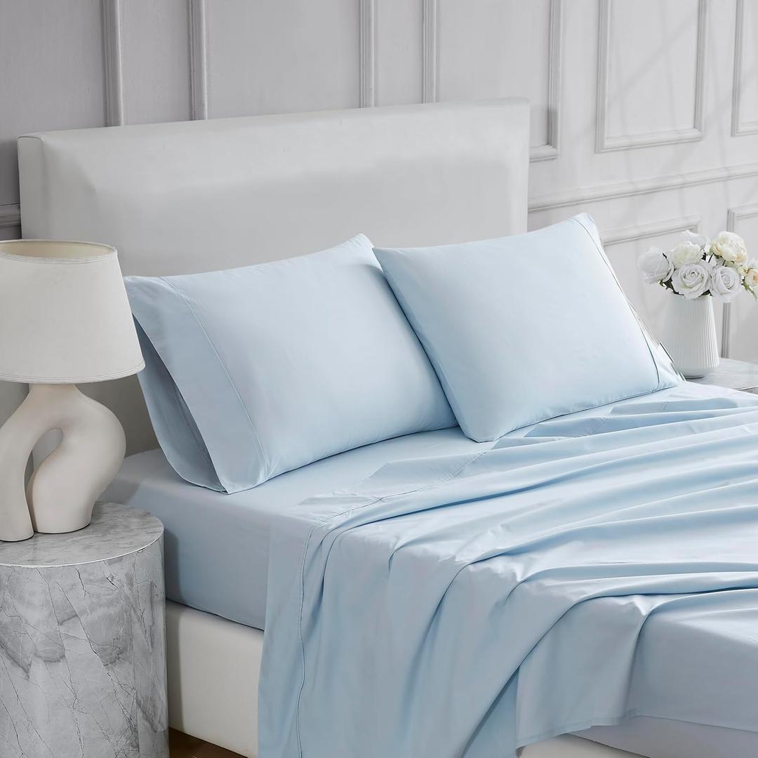 Linen Closet 4 Pcs 100% Cotton Full Size Sheets Set, Light Blue, 400 Thread Count, Percale Weave, Deep Pocket Fitted Sheet, Fits Up To 18" Mattress, Crisp & Cooling Bed Sheets for Home & Hotel Use