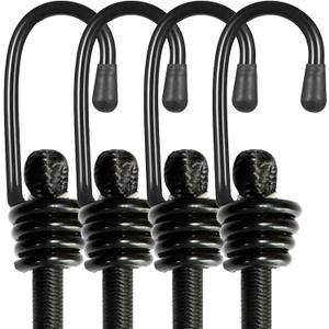 BEXSLE Bungee Cords with Hooks, Heavy Duty Outdoor Elastic Bungee StrapsNo Odour Industrial Grade Bungee Rope for Securing Tarps, Luggage, Tents, Bikes or Garden Tidying 24inch 4Pcs (Black)