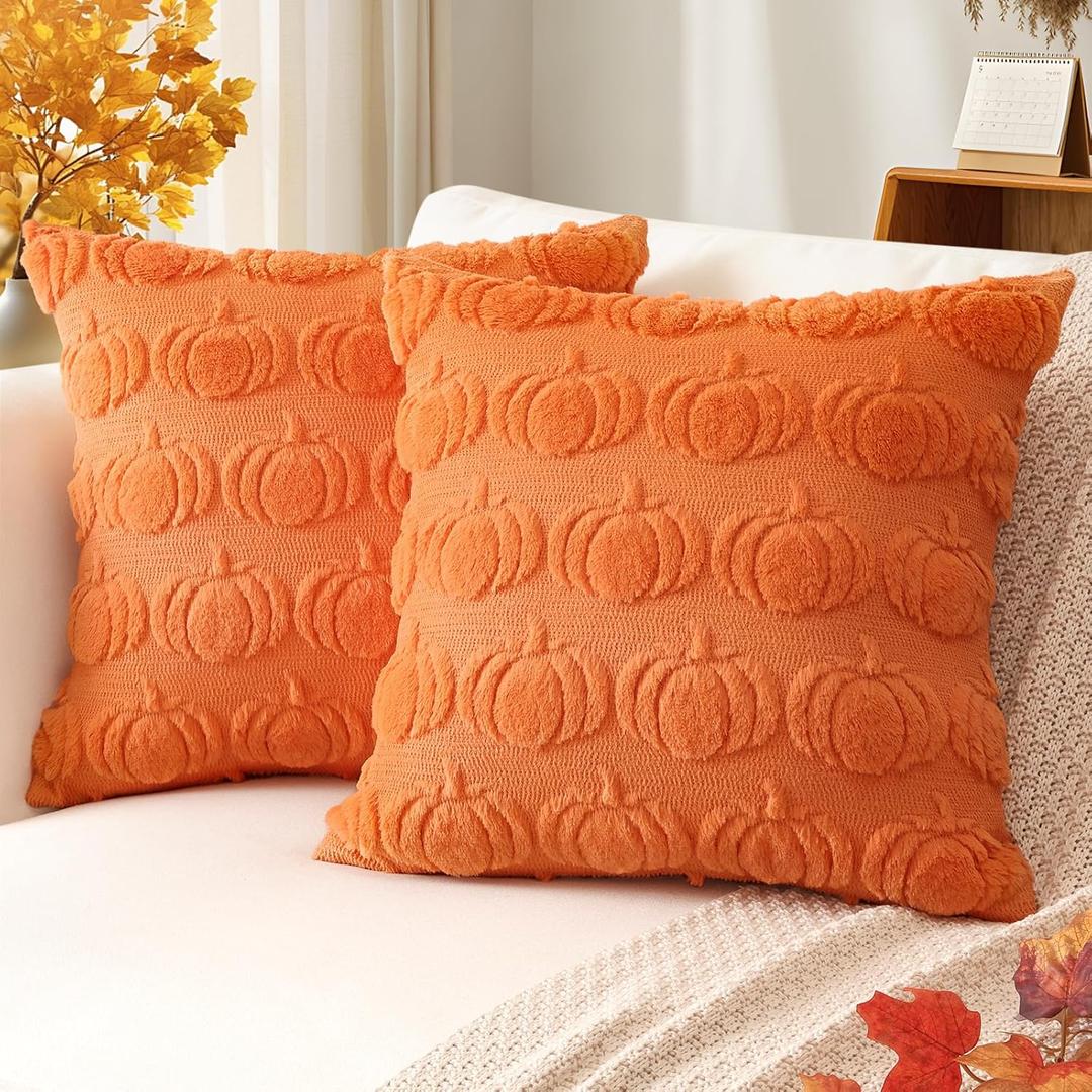 Artscope Fall Pillow Covers 18 x 18 Set of 2 Decorative Autumn Harvest Holiday Pumpkin Throw Pillow Cases Soft Plush Faux Fur Couch Cushion Case for Farmhouse Halloween Sofa Bed Room Home Decor-Orange