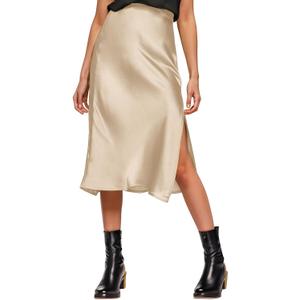 Womens Satin Silk High Waist Slit Midi Skirt Elastic Waistband Midi Skirts for Women (Small, Champagne)