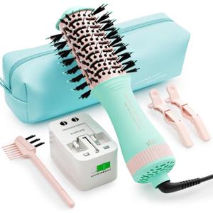 Travel Hair Dryer Brush Dual Voltage Blow Dryer in One, 2 inch Mini Hot Air Styling Tool, Hair Volumizer/Straightener/Curler with Universal Adapter, European Travel Size Styler (50mm Oval, Macaron Mint)