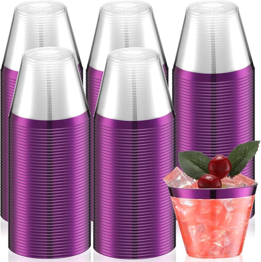 Lounsweer 100 Pcs 9oz Rimmed Plastic Cups Wedding Clear Cocktail Cups Heavy Duty Disposable Wine Glasses for Birthday Bridal Shower Baby Shower Holiday Celebrations(Purple)