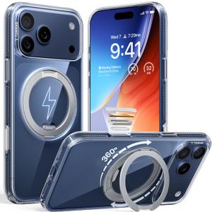 TORRAS 360 Magnetic Stand for iPhone 17 Pro Case, [Fit for MagSafe] [Rotatable Ring Kickstand] [4X Mil-Grade Shockproof] Slim Phone Cover, Camera Button, Crystal Clear, Transparent, Ostand O3 Fitness