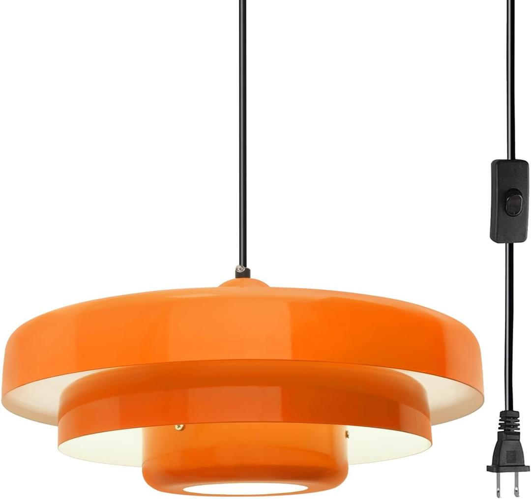 Orange Plug in Pendant Light with Switch, 17.7" Large Mid Century Modern Hanging Ceiling Light Fixture, No Hardwiring Plug Swag Lamp for Kitchen Island Dining Room Bedroom