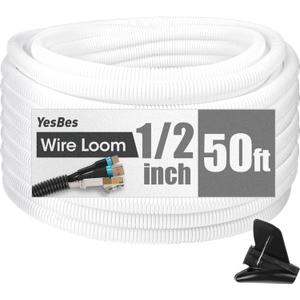 50 FT Wire Loom 1/2 Inch, Split Wire Loom Tubing Wire Conduit with Installation Tool, Flexible Wire Protector Tubing White